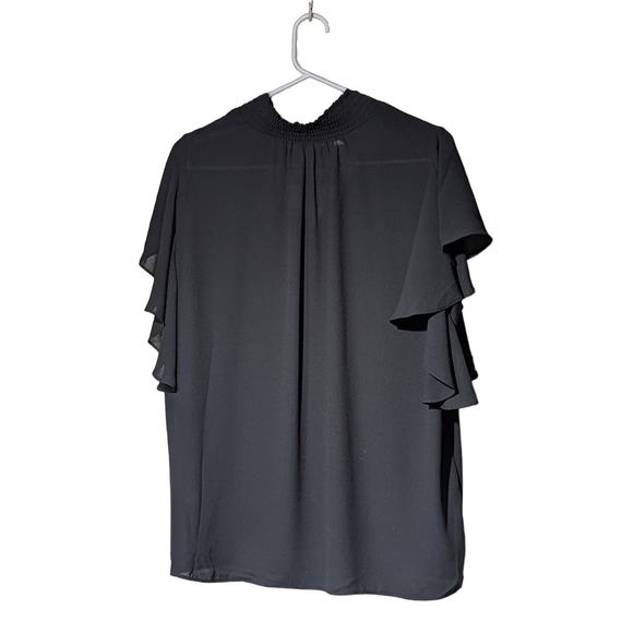 T Tahari Black Flutter Sleeve Smock Neck Tie Front Blouse Womens Sz L - Picture 2 of 12